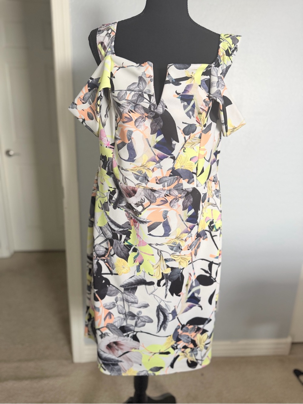 Boohoo White Midi Dress with Neon Yellow & Peach Floral Print